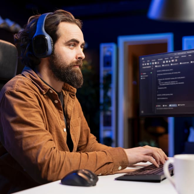 Cybersecurity Expert Enjoying Audiobooks Using Pc Patch Security Exposures 2