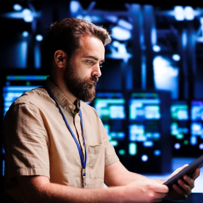 skilled mechanic resolving performance related issues server room expert utilizing tablet identify operational problems causing high tech facility electronics slowdown