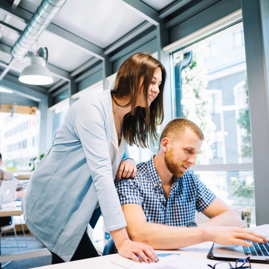 Smiling Man Woman Cooperating Laptop 2