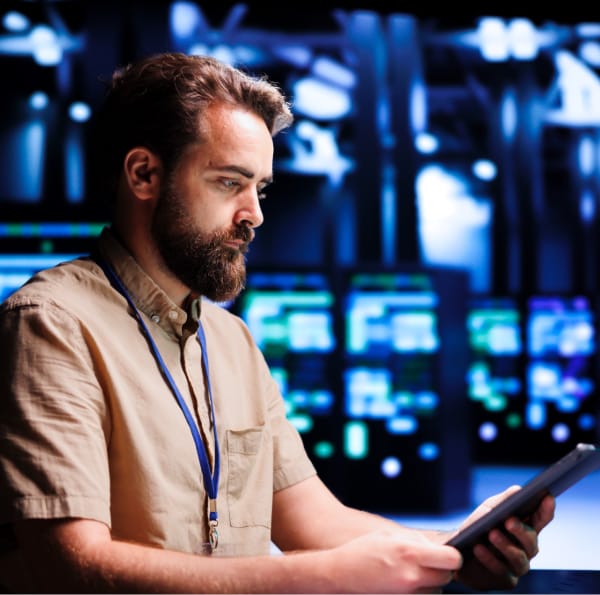 Skilled Mechanic Resolving Performance Related Issues Server Room Expert Utilizing Tablet Identify Operational Problems Causing High Tech Facility Electronics Slowdown 2